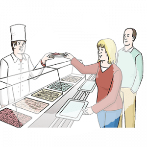 Eine Person in Kochjacke und Kochmütze steht hinter einer Theke mit Essen. Sie übergibt einen Teller an eine andere Person mit Tablett.