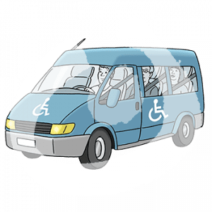 Drei Personen sitzen in einem 6-Sitzer. Auf dem Auto sind zwei Symbolen eines Rollstuhlfahrers.