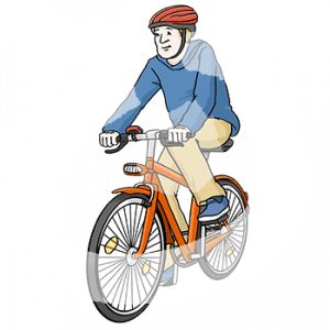 Eine Person mit Helm auf einem Fahrrad.