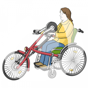 Eine Person mit Rollstuhl fährt mit einem Handbike.