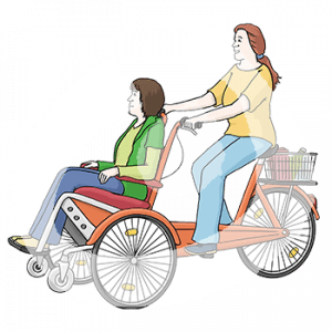 Zwei Personen fahren Tandem. Die vordere sitzt im Rollstuhl.