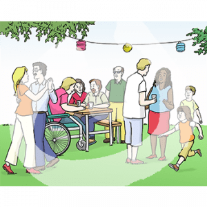Eine Gruppe Menschen auf einer Grünfläche mit Lampions. Zwei Personen tanzen, Kinder rennen, andere unterhalten sich und sitzen an einem Tisch.