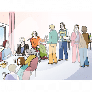 Eine Gruppe Menschen mit Getränken in einem Raum. Manche stehen und manche sitzen an einem Tisch und unterhalten sich.