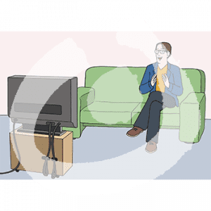 Eine Person sitzt klatschend auf dem Sofa und guckt zu einem Fernseher.