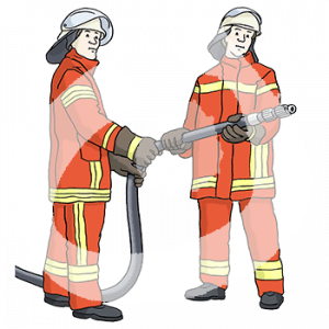 Zwei Personen mit Feuerwehruniform, Helmen und Handschuhen. Sie halten einen Schlauch.