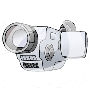 Eine Filmkamera mit Linse und aufgeklapptem Monitor.