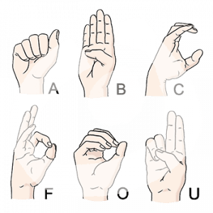 Die Buchstaben A, B, C, F, O und U des Fingeralphabets.