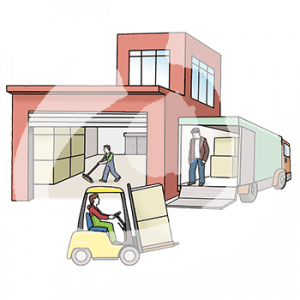 Eine Person fegt mit einem Besen ein Lagerhaus in einem Gebäude. Daneben steht eine Person in einem Lastwagen. Eine weitere Person fährt einen Gabelstapler mit Kisten.