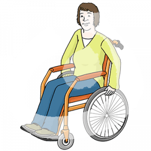 Eine Frau mit heller Hautfarbe im Rollstuhl.