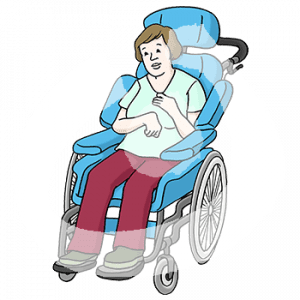 Eine Frau im Rollstuhl mit Kopfstütze.