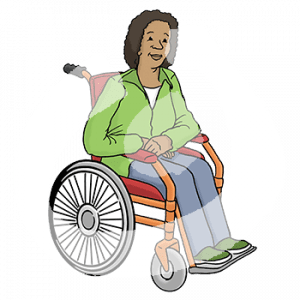 Eine Frau mit dunkler Hautfarbe im Rollstuhl.