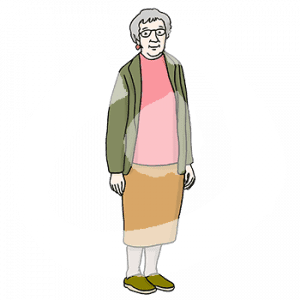 Eine ältere Frau mit grauen Haaren.