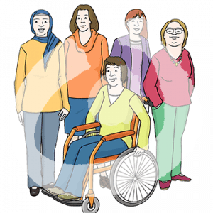 Fünf Frauen, eine mit Trisomie 21, eine im Rollstuhl, eine mit Hijab.