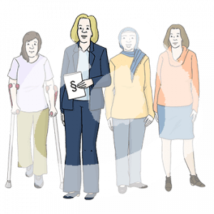 Eine Frau mit einem Dokument in der Hand. Darauf ist ein Paragraphenzeichen. Dahinter steht eine Frau mit Krücken, eine Frau mit Hijab und eine weitere Frau.