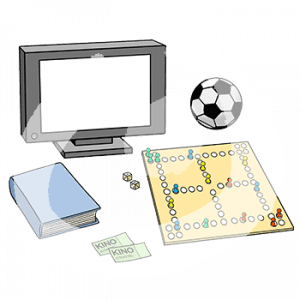 Ein Buch, ein Fernseher, Kinotickets, ein Fußball und ein Brettspiel.