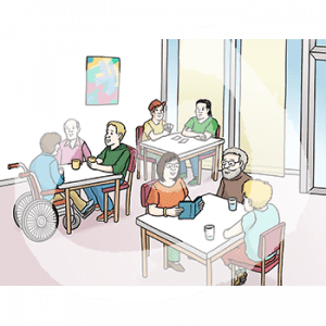 Sieben Personen sitzen an verschiedenen Tischen. Sie reden, spielen Karten oder lesen.