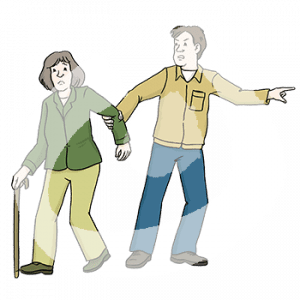 Eine wütende Person zeigt in eine Richtung. Sie zieht einer Person mit Gehstock am Arm.