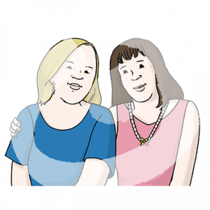 Portraitansicht von zwei Frauen die sich die Arme um die Schultern legen.