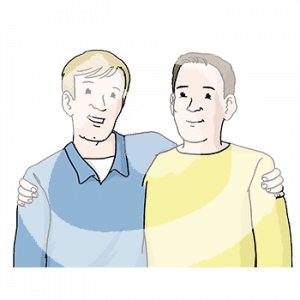 Portraitansicht von zwei Männern die sich die Arme um die Schultern legen.