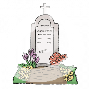 Ein Grab mit Blumen und mit Kreuz auf dem Stein.