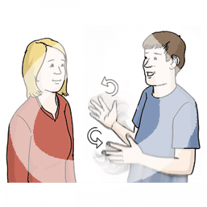 Zwei Personen stehen voreinander. Eine Person gebärdet.