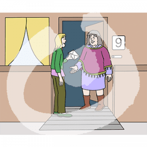 Eine Person steht in einer Haustür, davor steht eine andere Person und gibt ihr einen Brief.