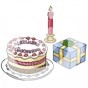 Eine Torte mit der Aufschrift: Herzlichen Glückwunsch, ein Geschenk mit Schleife und eine brennende Kerze.