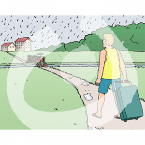 Eine Person mit Koffer geht im Regen auf eine Holzbrücke zu. Darauf sitzt eine Person mit Regenschirm.