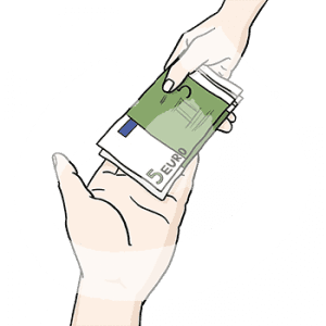 Eine Hand legt Geldscheine in eine andere Hand.