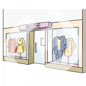 Ein Laden mit der Überschrift: Mode. In den Schaufenstern sind Kleiderständer mit Klamotten.