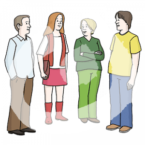 Vier Personen stehen im Halbkreis.