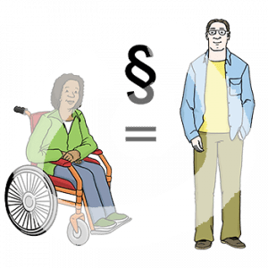 Eine Frau mit dunkler Hautfarbe im Rollstuhl und ein Mann mit heller Hautfarbe. Zwischen ihnen ist ein Paragraphen- und ein Gleichheitszeichen.