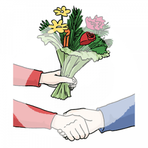 Zwei Hände die sich schütteln. In der anderen Hand ist ein Blumenstrauß.