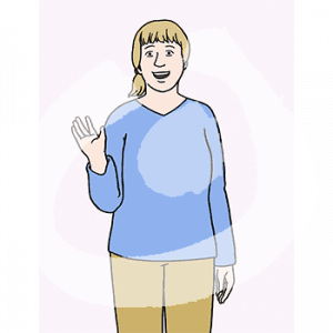 Eine fröhliche Frau hebt eine Hand.