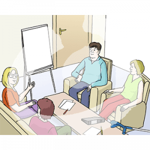 Vier Personen sitzen auf einem Sofa und Sesseln um einen Tisch herum. Vor jeder liegt ein Blatt und ein Stift. Daneben ist ein Flipchart.