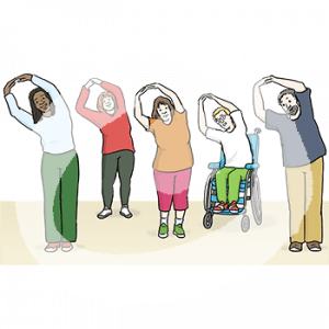 Fünf Personen mit Sportklamotten. Sie haben die Hände gehoben und dehnen sich leicht zur Seite. Eine Person sitzt im Rollstuhl.