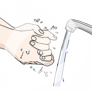 Zwei sich waschende Hände vor einem laufenden Wasserhahn.