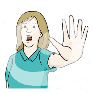 Portraitansicht einer Person mit offenem Mund. Sie streckt ihre Hand nach vorne.