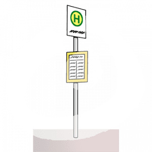 Ein Bushaltestellenschild und ein Fahrplan.