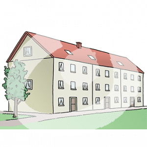 Vorderansicht eines großen, vierstöckigen Wohnhauses.