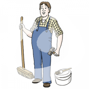 Eine Person in Latzhose mit Besen und Hammer in der Hand. Neben ihr steht ein Eimer und ein Pinsel.
