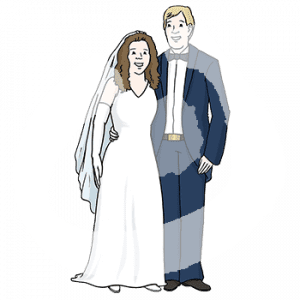 Eine Frau im Brautkleid und ein Mann im Anzug stehen Arm in Arm nebeneinander.