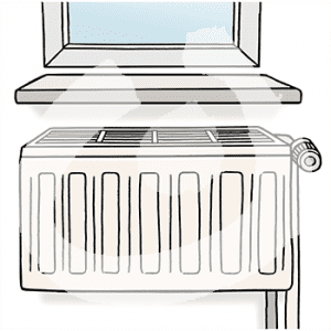 Ein Heizkörper unter einer Fensterbank.