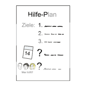 Ein Dokument mit der Überschrift: Hilfeplan. Darunter die Zwischenüberschrift: Ziele mit drei Punkten und weitere Punkte und Portraits mit der Schrift: Wer hilft?