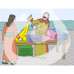 Eine Frau in historischem Kleid steht vor einem Tisch mit Stoffen. Dahinter steht ein Mann in historischem Gewand. Er hält Stoff in den Händen. Im Hintergrund ist das Wasser.