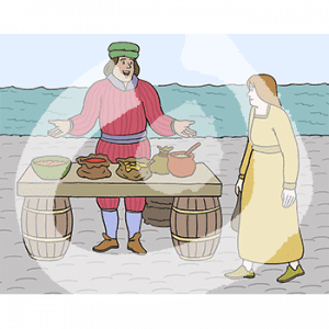 Eine Frau in historischem Kleid steht vor einem Tisch mit Waren. Dahinter steht ein Mann in historischem Gewand. Im Hintergrund ist das Wasser.