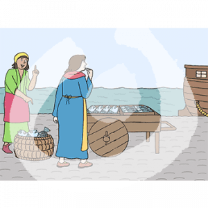 Eine Frau in Kleid und Schürze fasst sich ans Kinn. Sie guckt zu einem Boot am Pier. Vor ihr steht ein Wagen und ein Korb mit Fischen. Daneben eine weitere Frau die auf den Fisch zeigt.