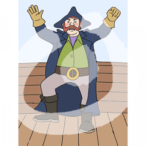 Ein wütender Mann in historischer Kapitätsuniform. Er steht mit dem Rücken zur Reling eines Schiffes.