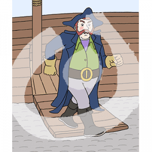 Ein wütender Mann in historischer Kapitätsuniform verlässt ein Schiff.