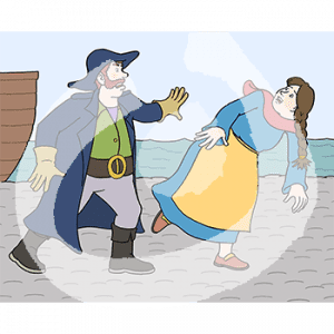 Ein wütender Mann in historischer Kapitätsuniform. Er schubst eine Frau in historischem Kleid und Schürze. Sie fällt zur Seite. Im Hintergrund ist das Wasser.